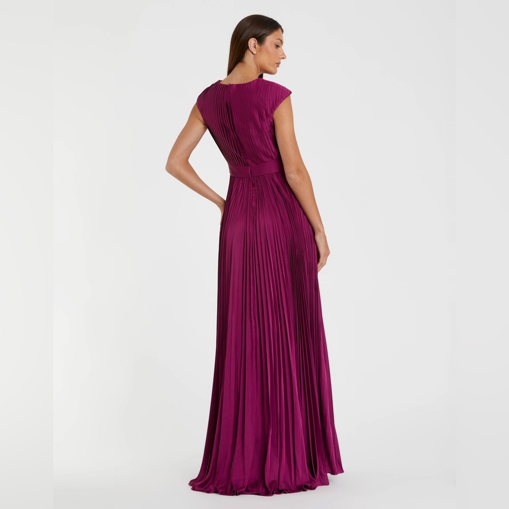 Pleated Plunge Neck Belted A Line Gown - Picture 2 of 5